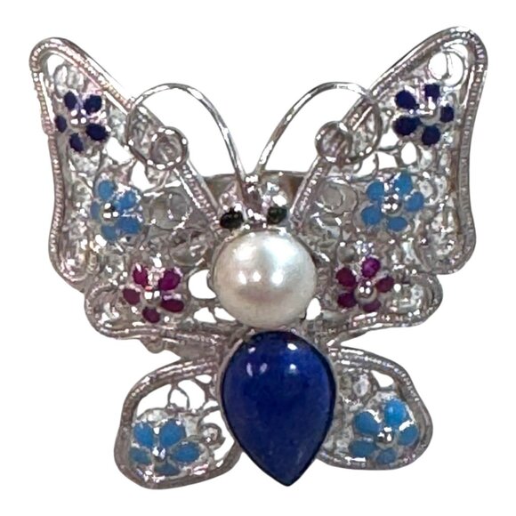 Butterfly Enamel Sterling Silver Ring Lapis Lazuli Pearl Accents Cloisonne 925 - Picture 7 of 11